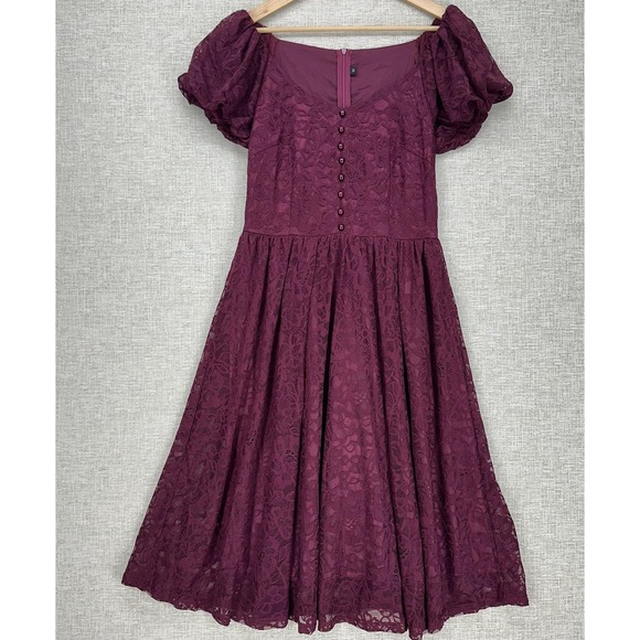 Source Unknown Dresses & Skirts - Dress Womens Medium Burgundy Lace Shoulder‎ Puff Sleeve Fit Flare Midi Formal